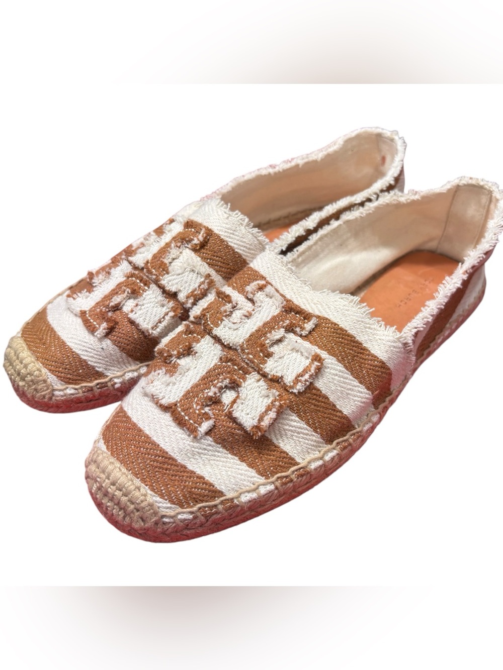 Tory Burch NWOT Fray Stripe Espadrille Flats Tan & White Shoes Womens Size US 8